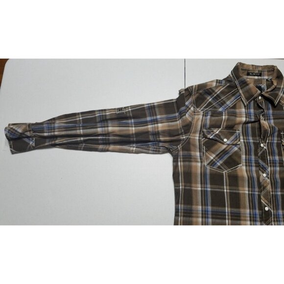 Various Artists Long Sleeve Front Snap Brown Plaid Western Shirt Mens M Slim Fit - Picture 12 of 15